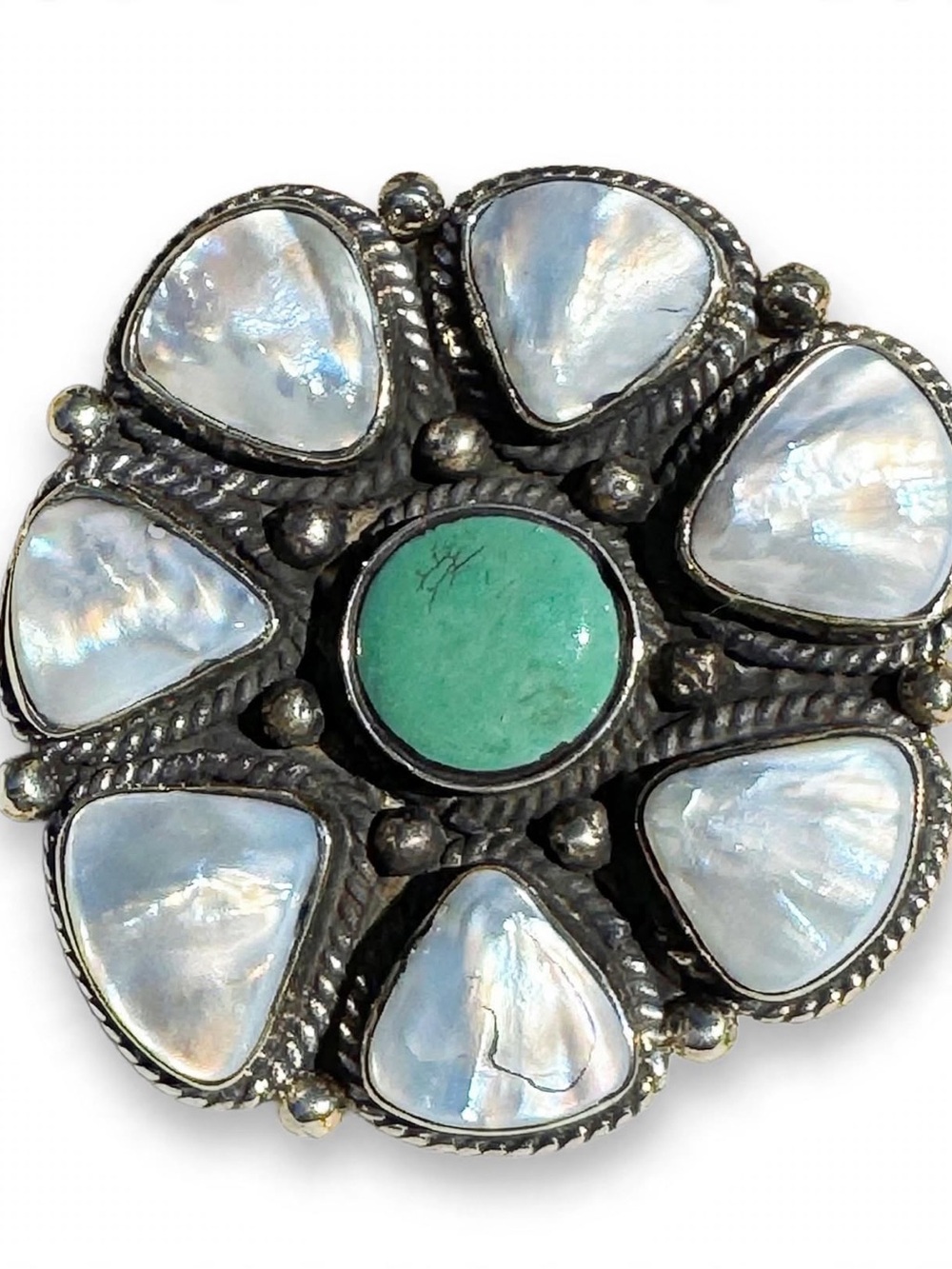 Ring - Ladies Mother of Pearl with Turquoise Flower Shaped Adjustable Ring 2”